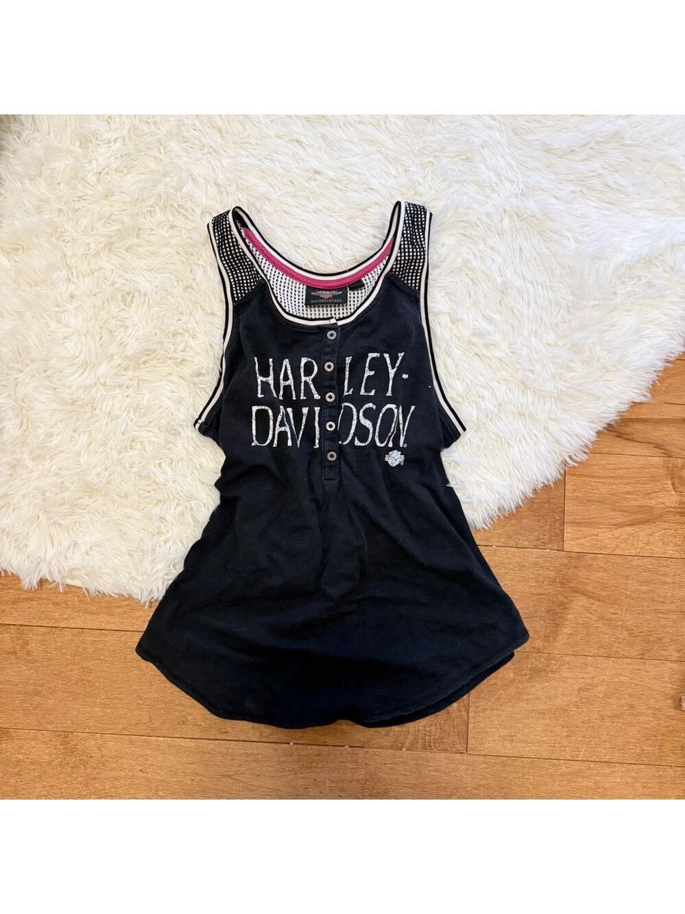 Harley Davidson Mesh Henley Tank Top Womens Large Black Biker Core 96143-18VW